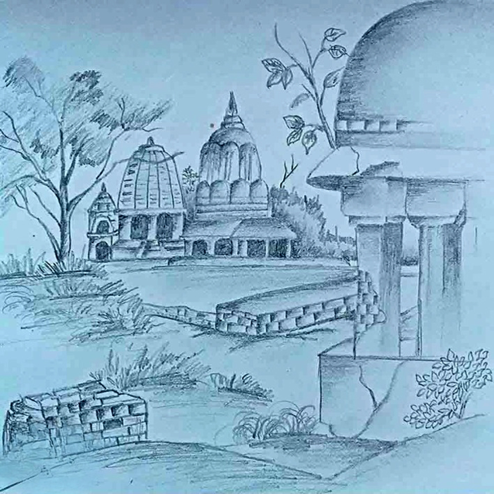 A detailed drawing of an ornate temple in India, showcasing intricate architecture and cultural elements-1