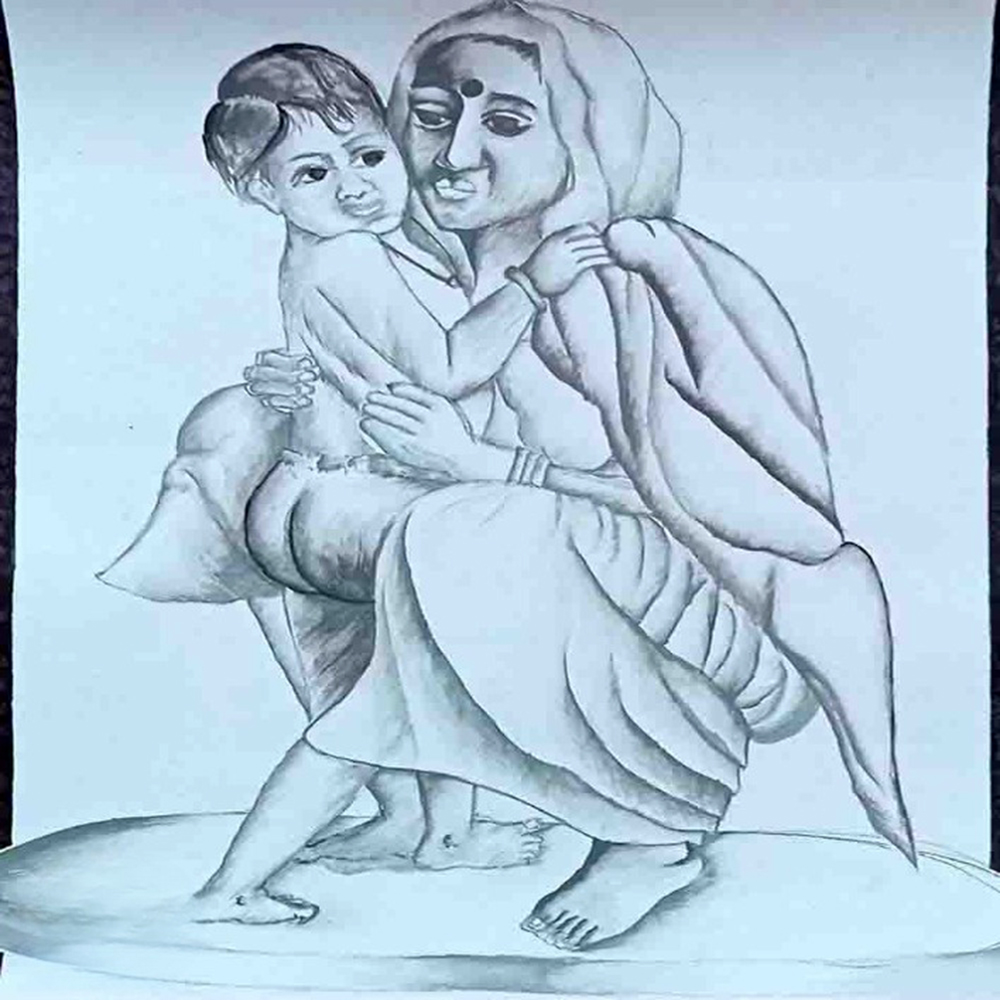 A drawing depicting a mother lovingly embracing her child, showcasing their bond and affection-1