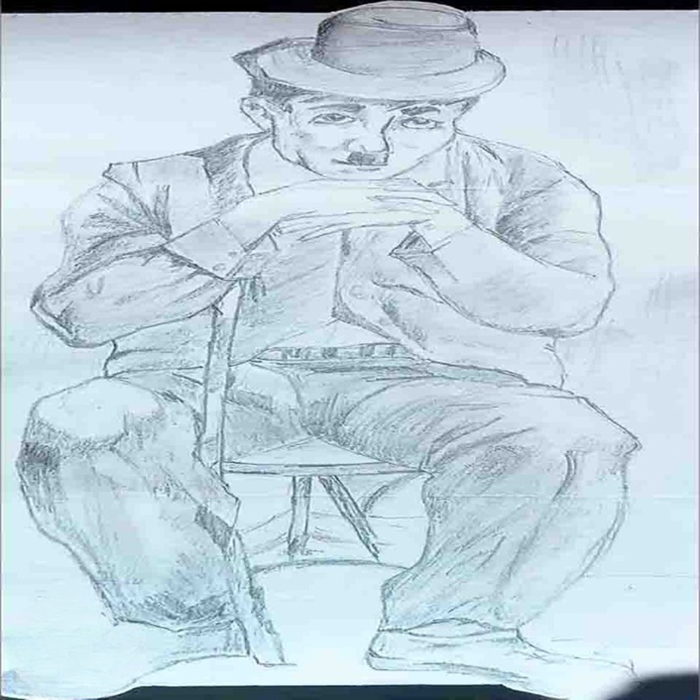 A drawing of a man sitting on a chair, facing forward with a neutral expression and casual attire-1