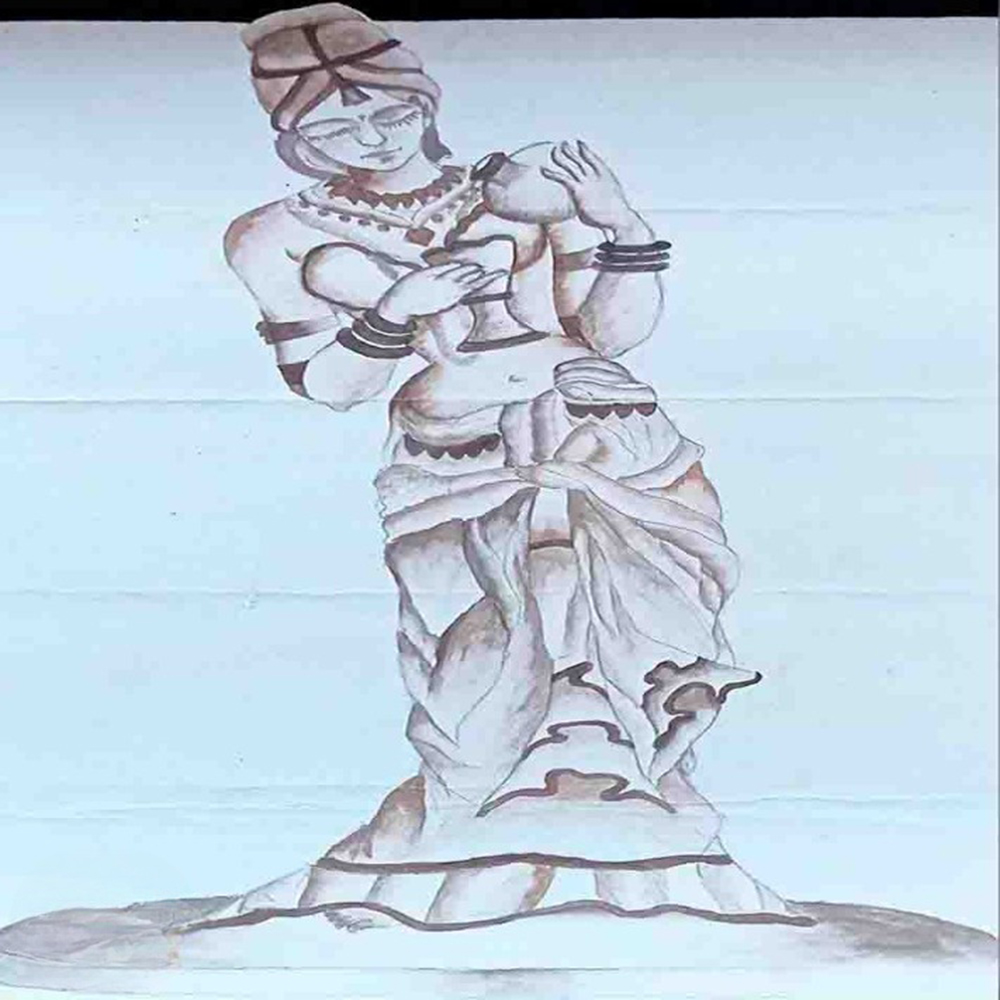 A drawing of a woman gently holding a flower, showcasing her serene expression and graceful posture-1