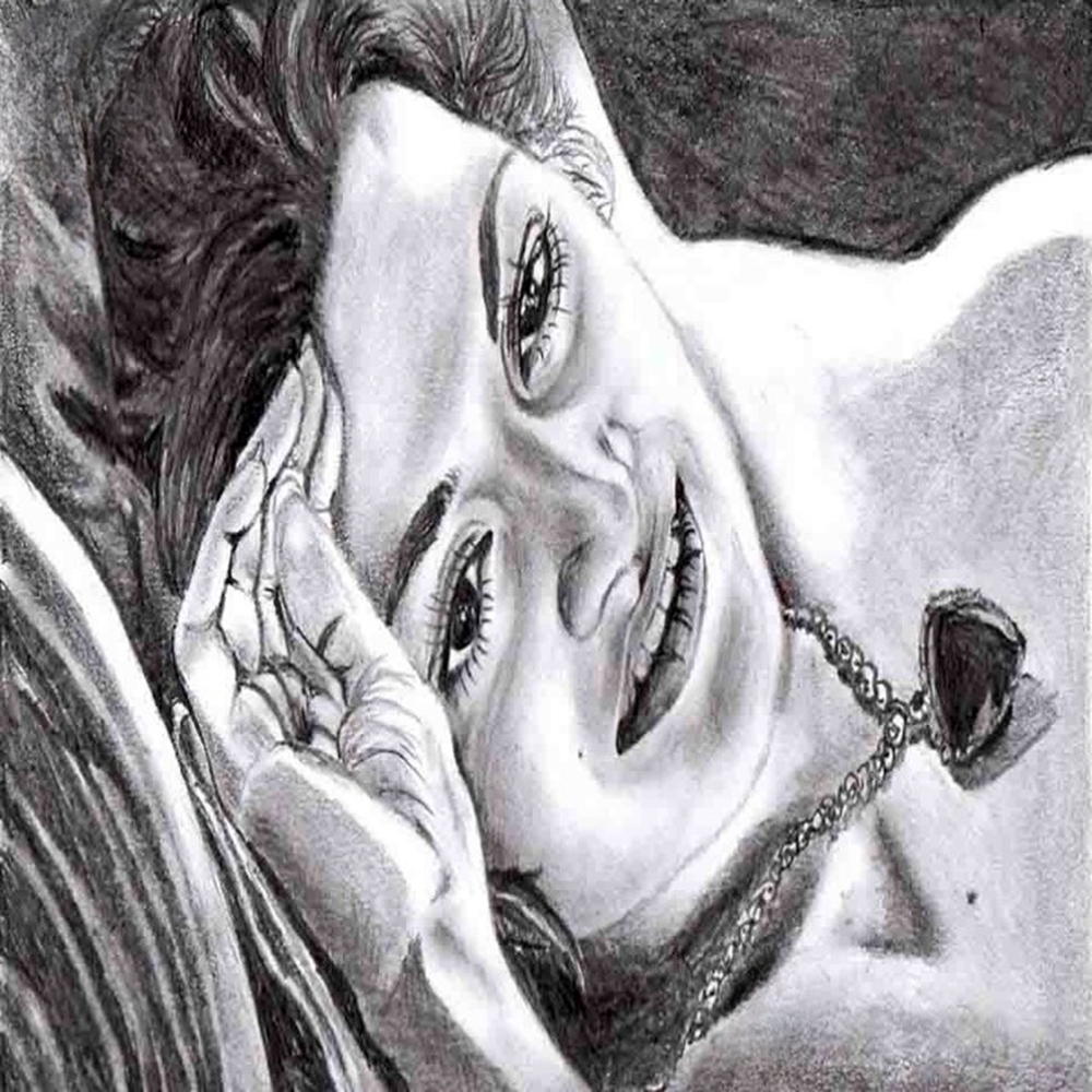 A drawing of a woman reclining on her back, with a serene expression and flowing hair-1