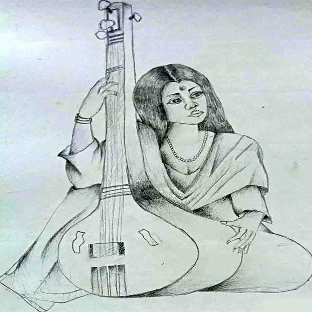 A drawing of a woman sitting and playing an acoustic guitar, focused and immersed in her music-1