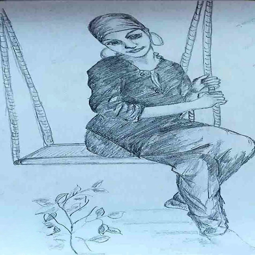 A drawing of a woman sitting on a swing, enjoying a peaceful moment outdoors-1