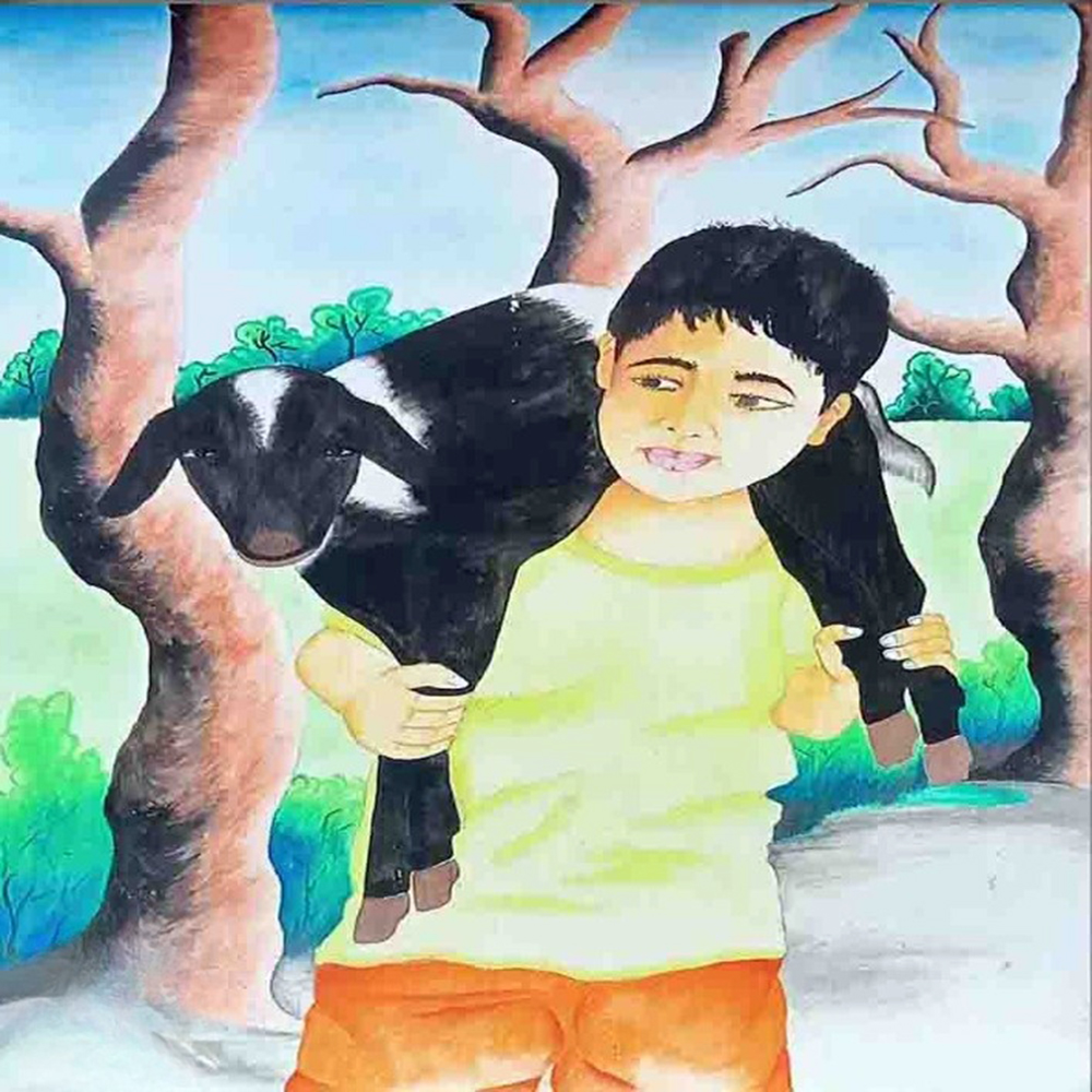 A painting depicting a boy carrying a goat, showcasing a rural scene with vibrant colors and expressive brushwork-1