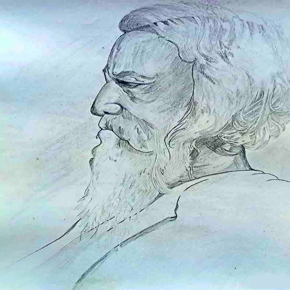 A pencil drawing of a bearded man, showcasing detailed facial features and expressive lines-1