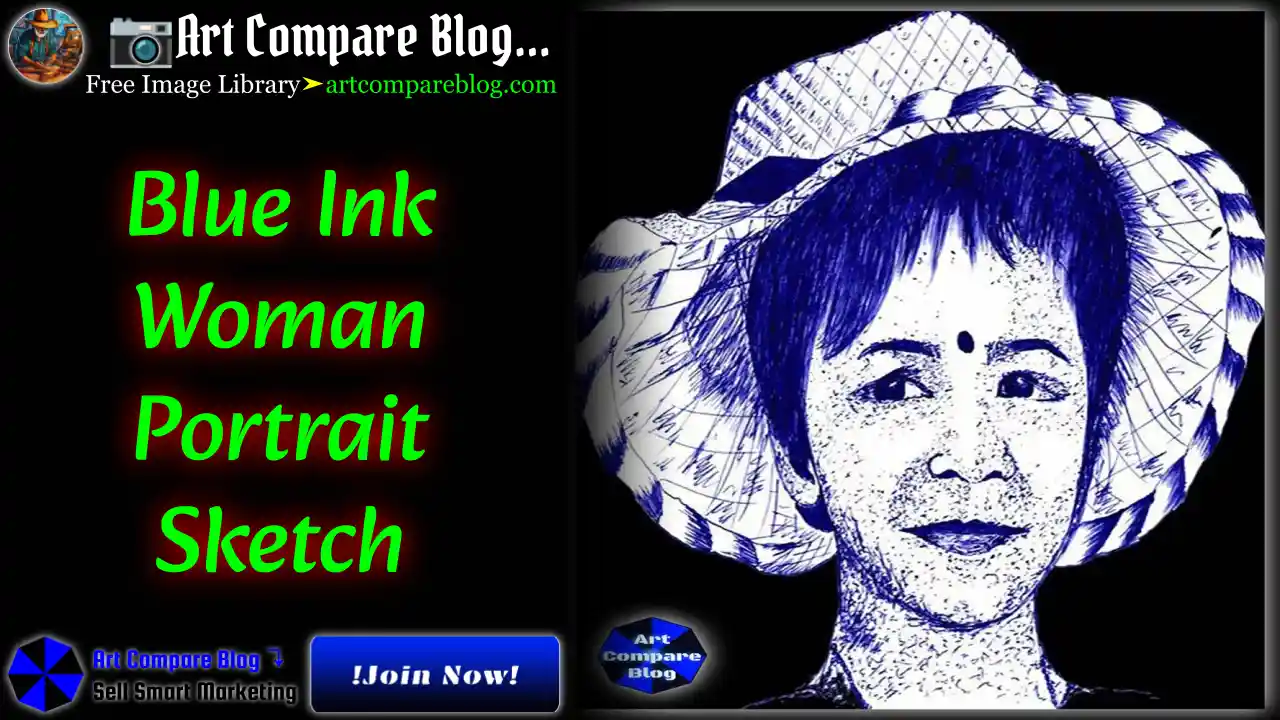 Blue Ink Woman Portrait Sketch