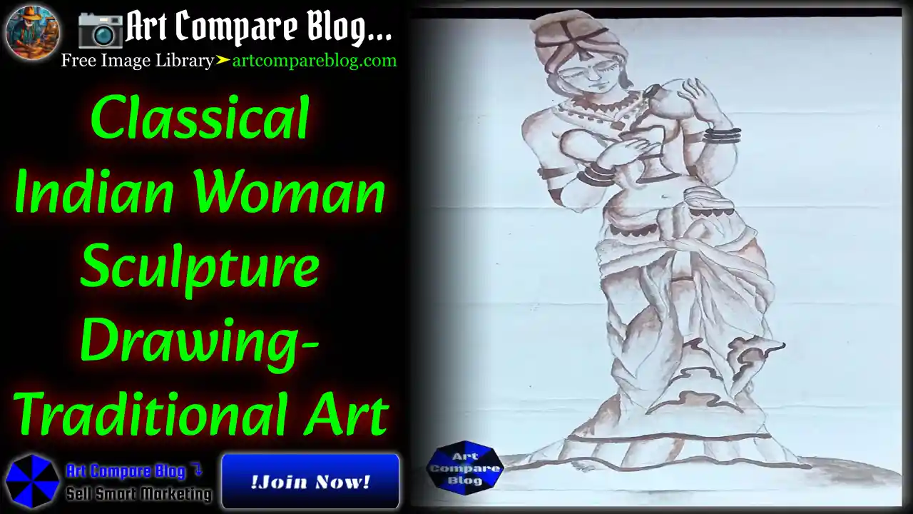 Classical Indian Woman Sculpture Drawing-Traditional Art
