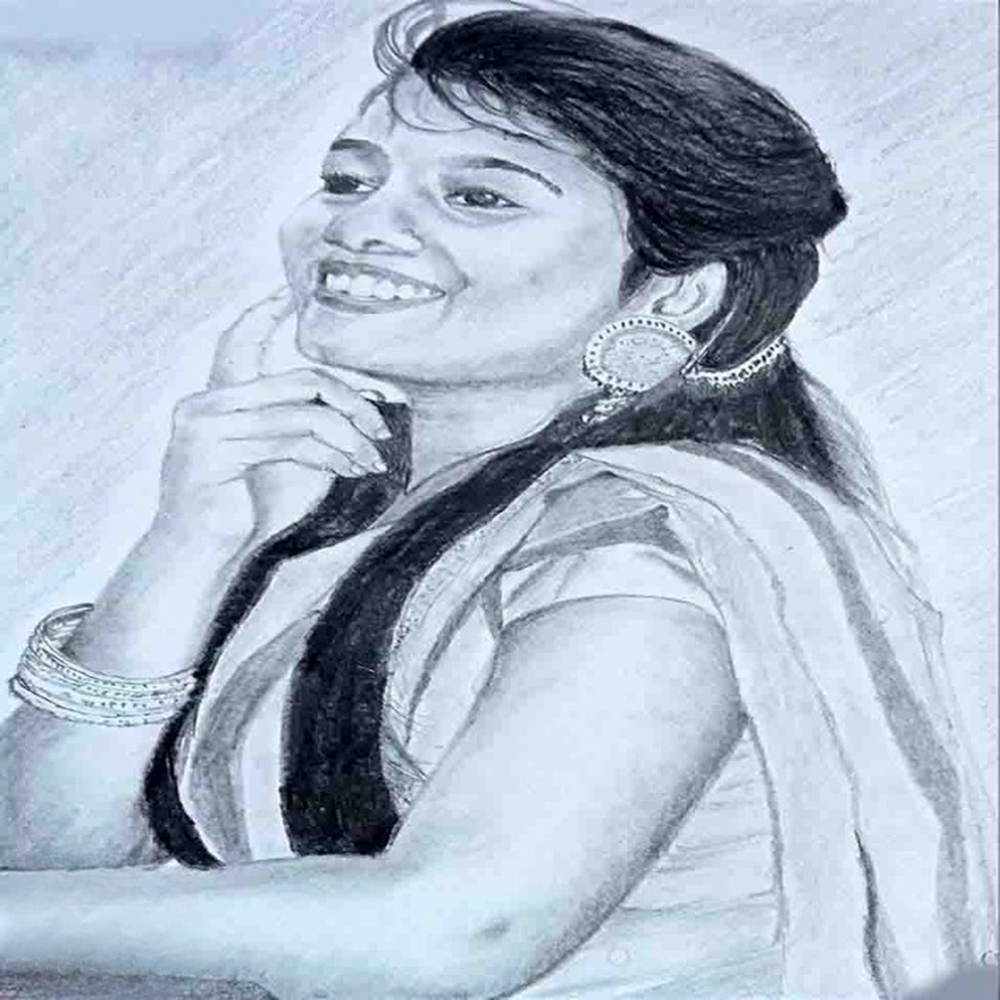 Pencil drawing of a woman elegantly dressed in a sari, showcasing intricate details and graceful posture-1