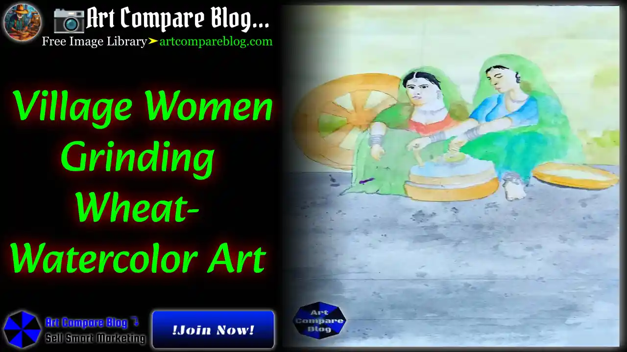 Village Women Grinding Wheat-Watercolor Art
