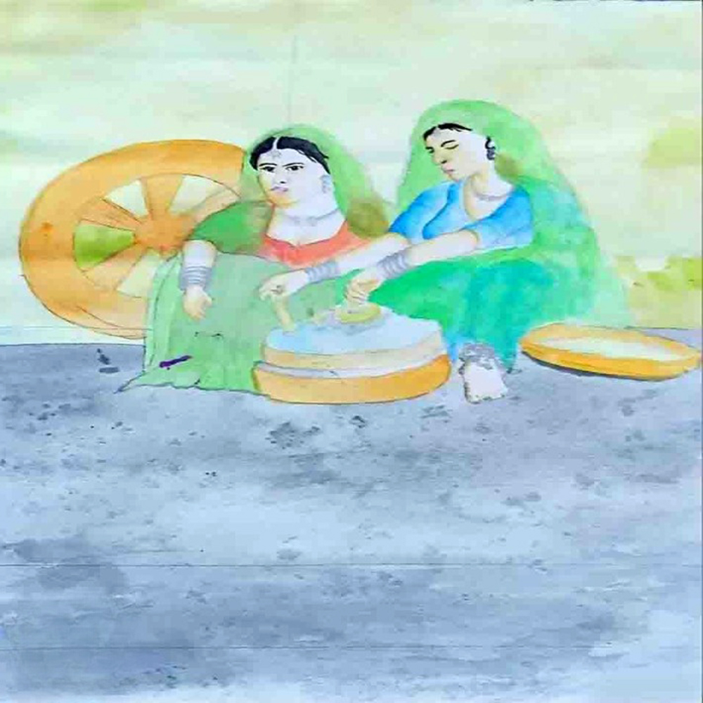 Watercolor painting depicting two women sitting together on a bench in a serene outdoor setting-1