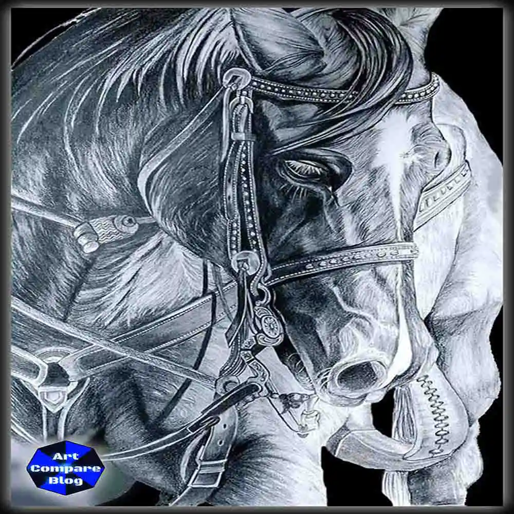 Realistic Horse Pencil Sketch-Detailed Black and White Drawing of Horse with Bridle