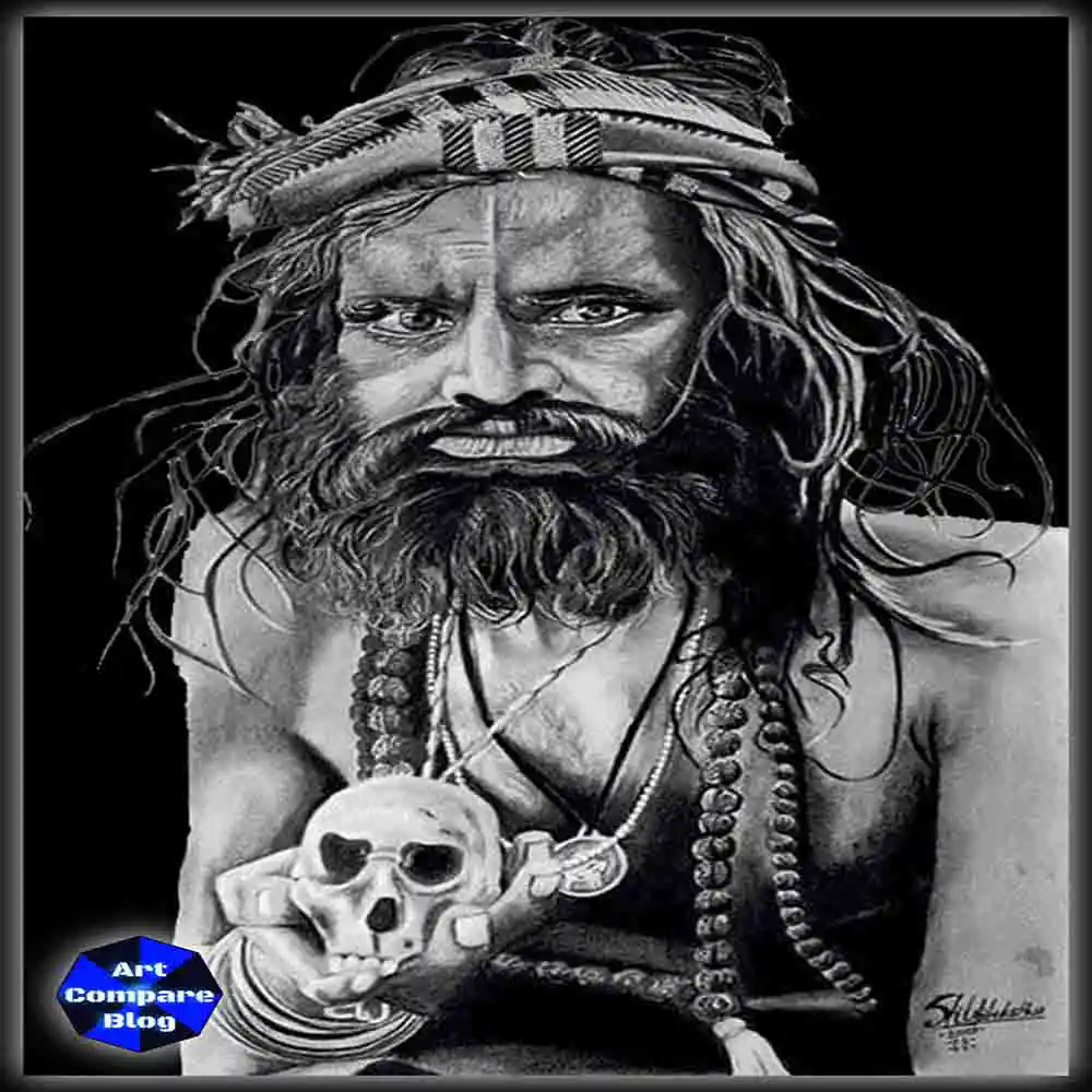 Realistic Sadhu Pencil Sketch-Black and White Drawing of Indian Holy Man with Skull