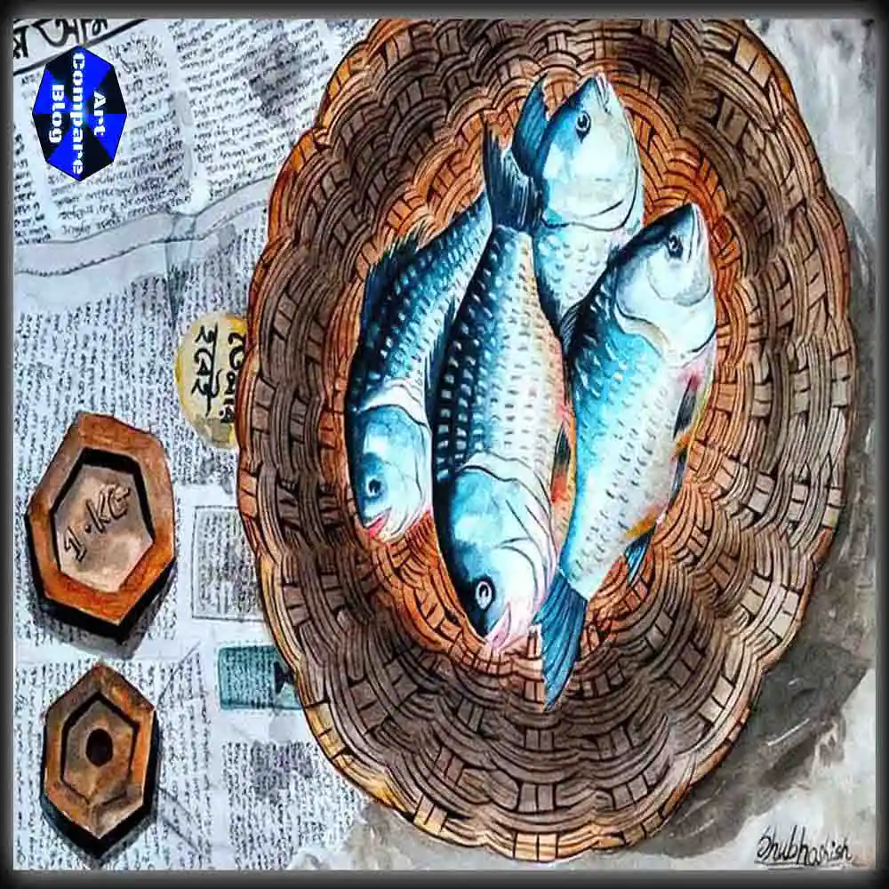Realistic Watercolor Painting of Fresh Fish in Basket-Still Life Artwork with Newspaper and Weighing Stones