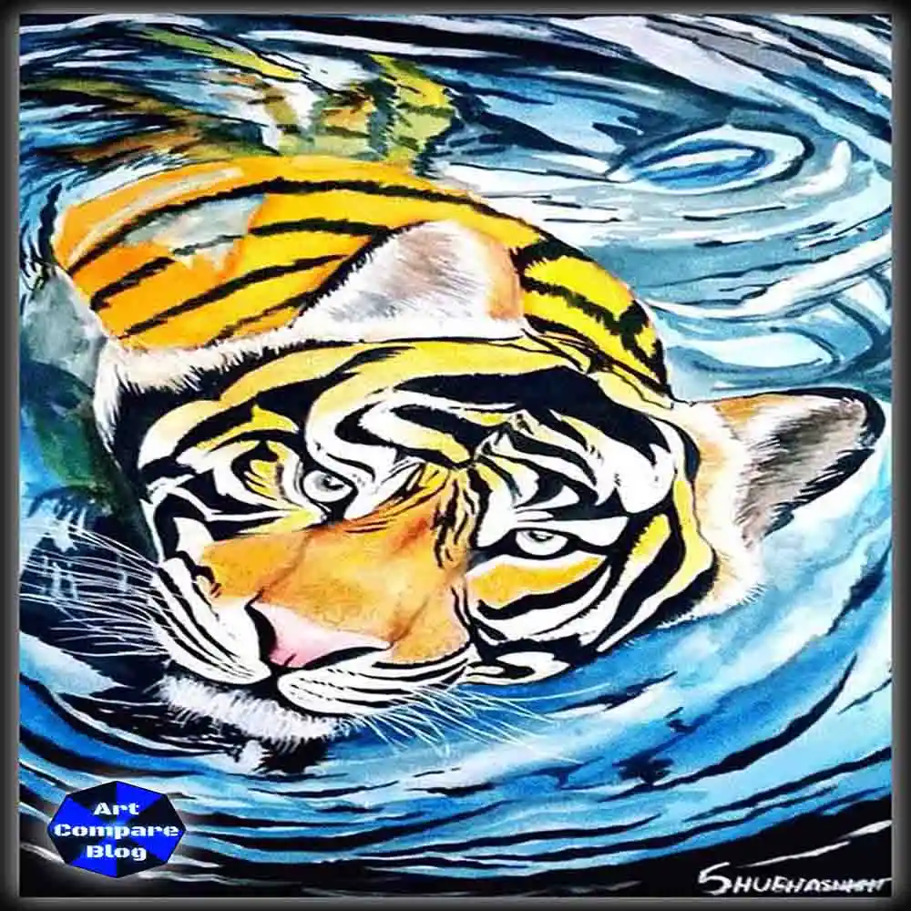Majestic Tiger Swimming Artwork-Wild Animal Painting