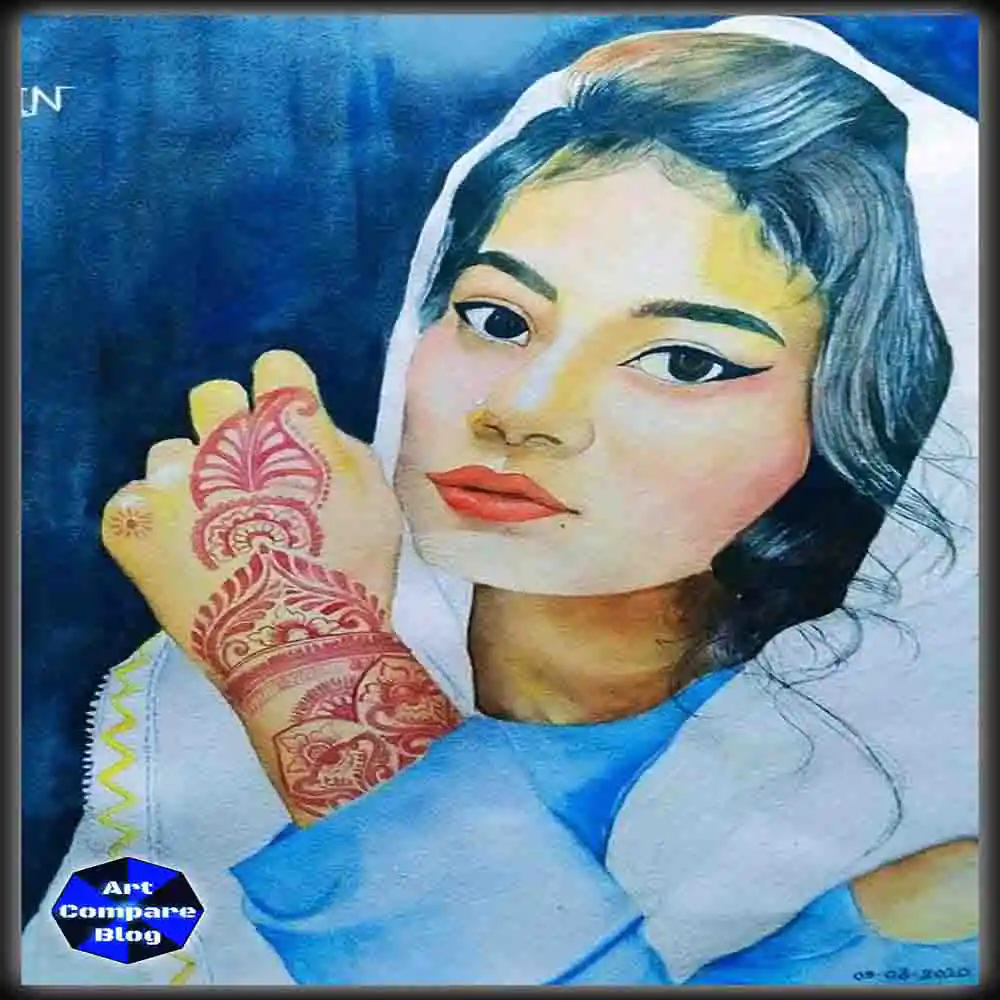 Realistic Portrait Painting of Woman with Mehndi Design