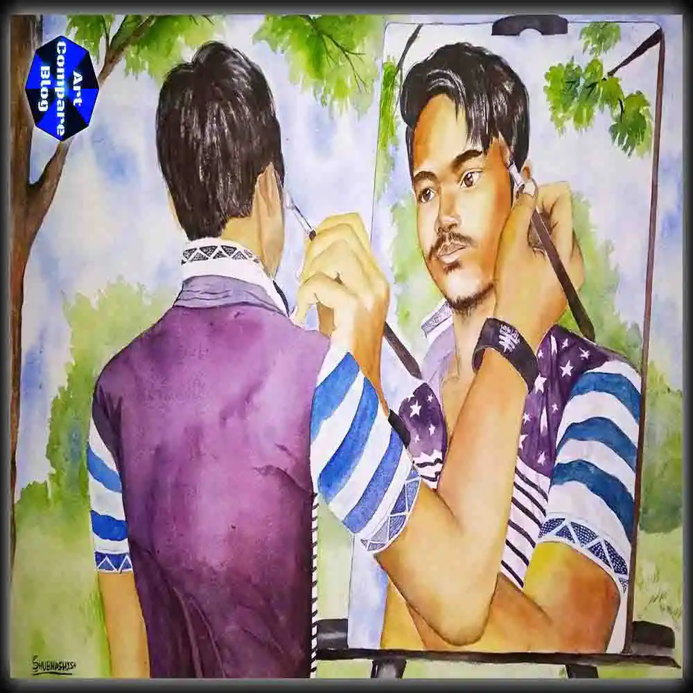 Creative Painting of Man Drawing Self-Portrait in Mirror