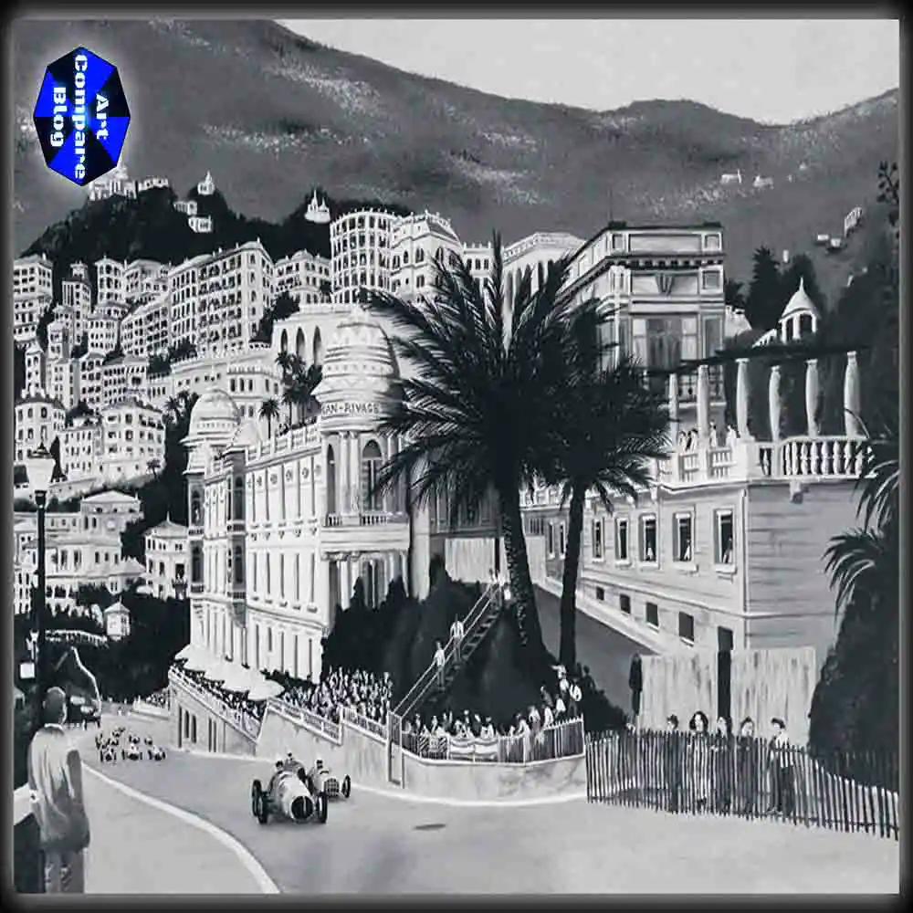 Vintage Car Race in Historic Cityscape-Classic Motorsport Artwork