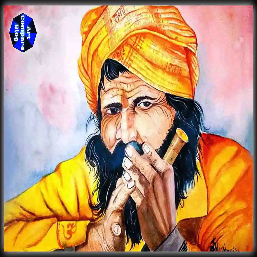 Watercolor Portrait of Indian Sadhu in Yellow Turban-Spiritual Baba Artwork with Chillum