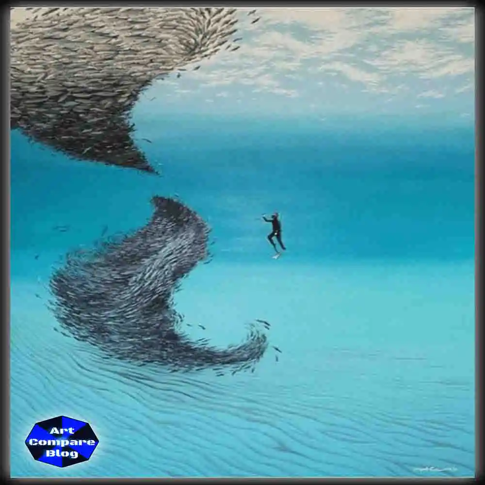 Underwater Diver with Swirling Fish