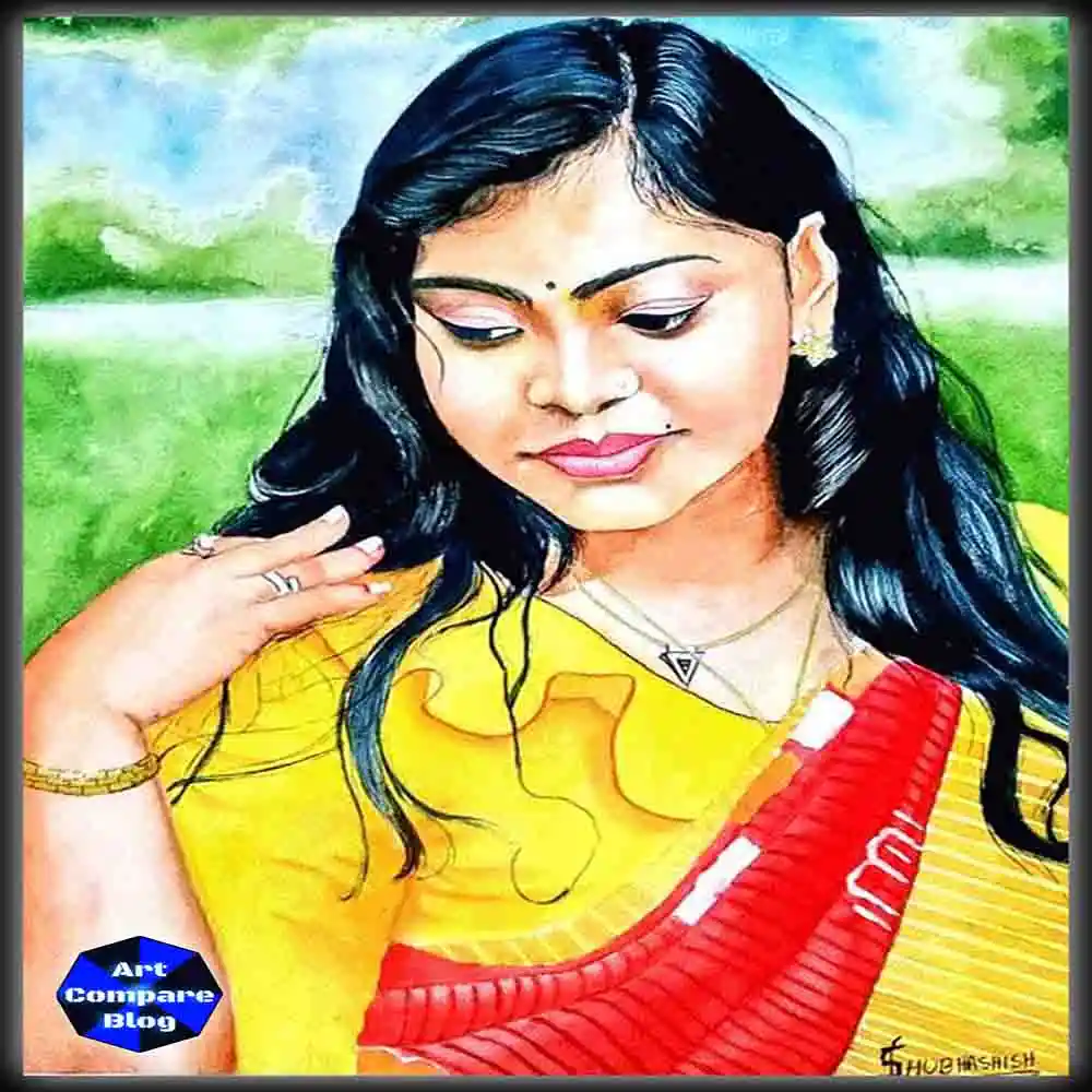 Beautiful Woman Portrait Painting-Traditional Saree Artwork