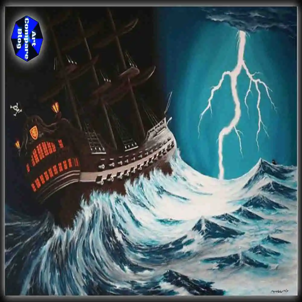 Dark Ship in Stormy Lightning Sea