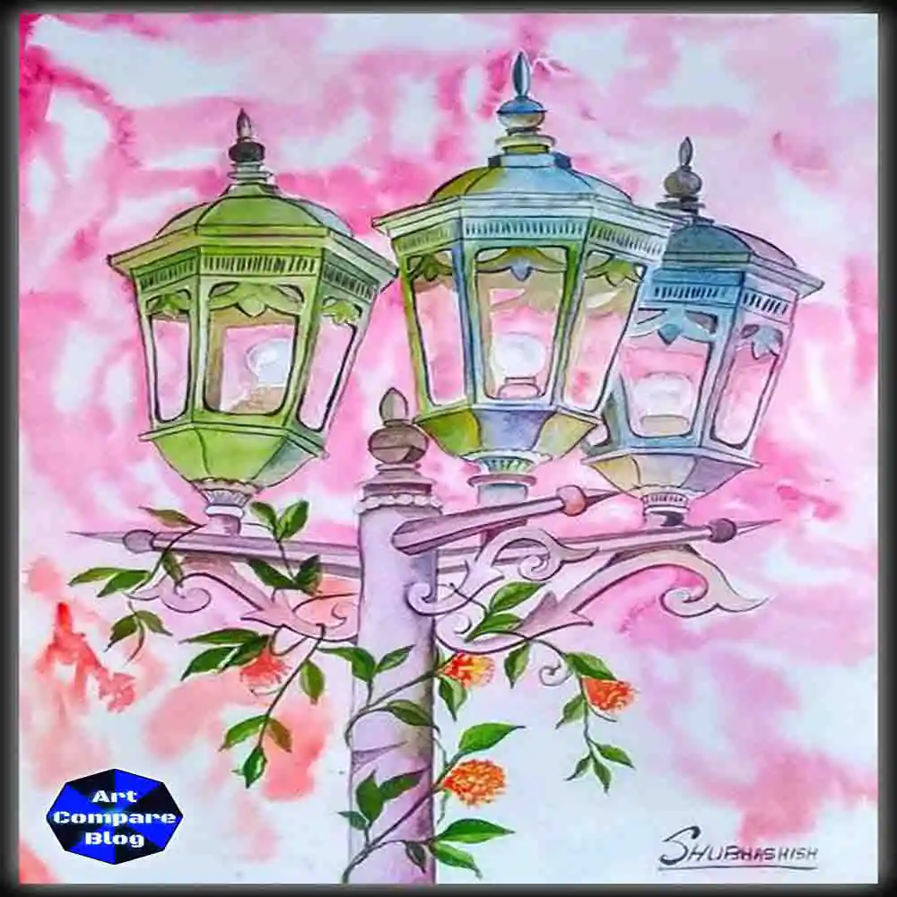 Beautiful Vintage Street Lamp Painting with Floral Vines