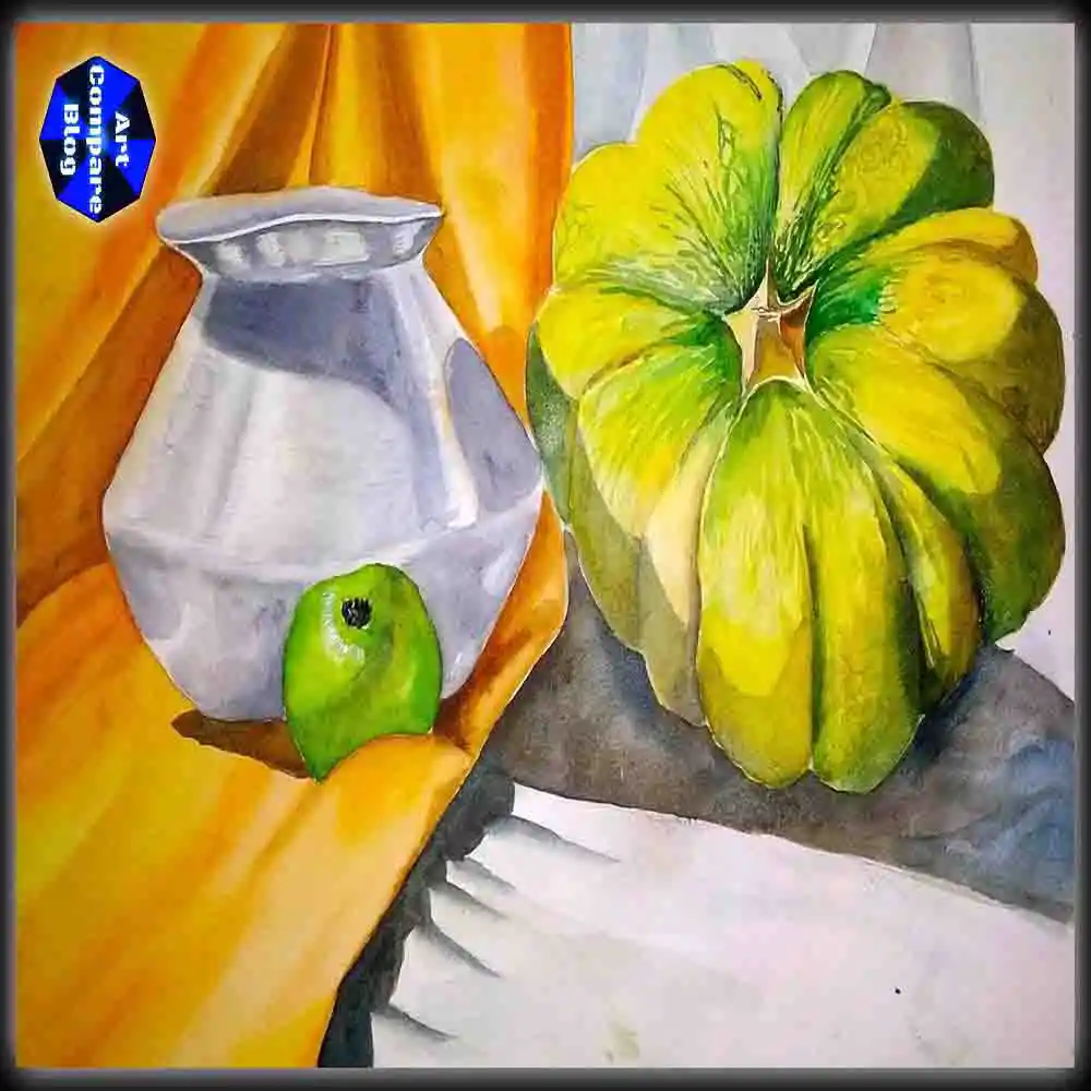 Still Life Painting of Pumpkin, Green Apple, and Clay Pot