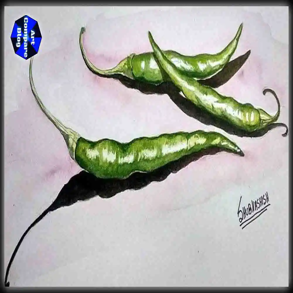 Still Life Painting of Green Chilies in Watercolor