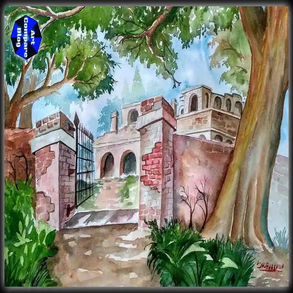 Watercolor Painting of Old Fort Entrance with Trees