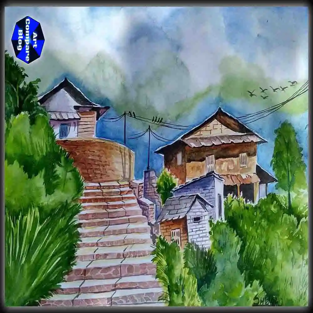 Watercolor Painting of Village Houses with Stone Steps
