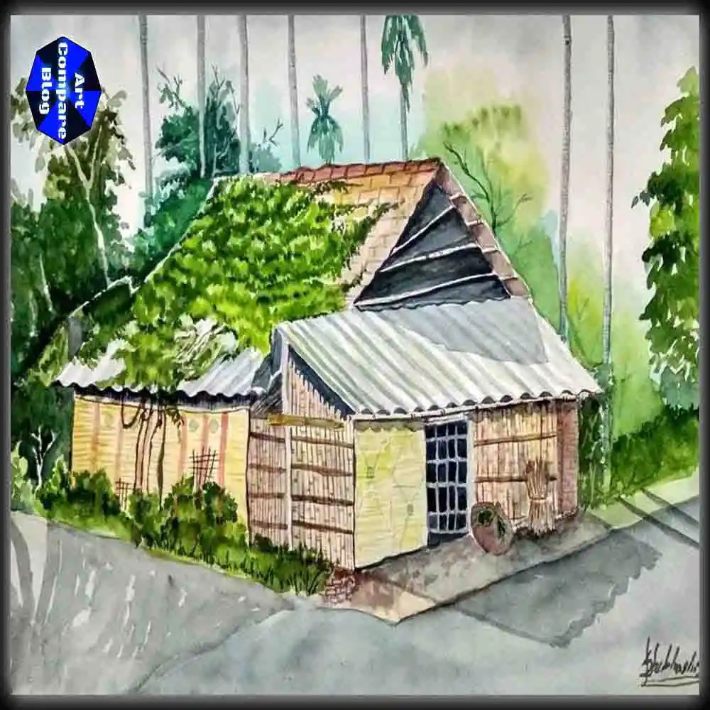 Watercolor Painting of Traditional Village Hut with Greenery