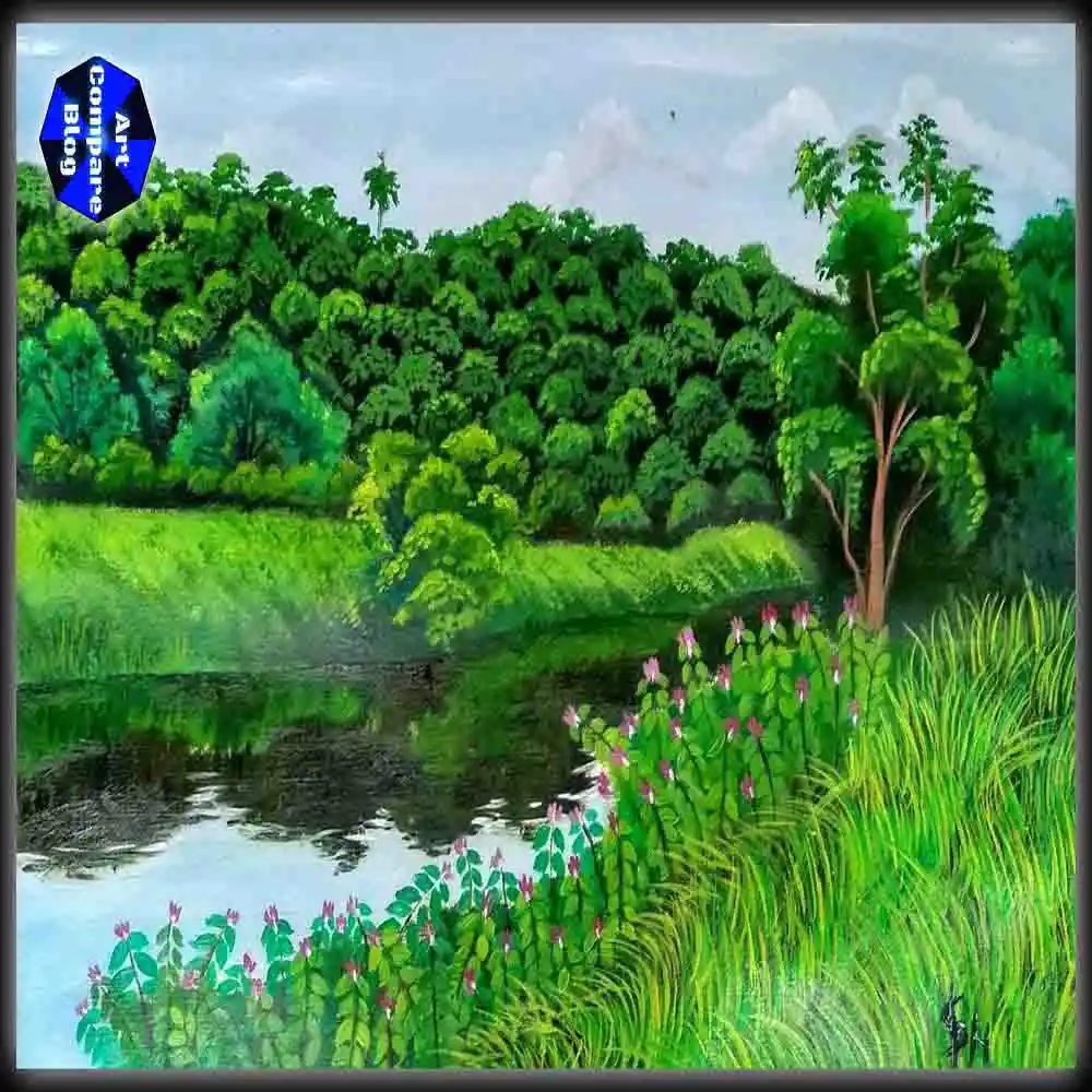 Watercolor Painting of River Landscape with Green Forest and Flowers