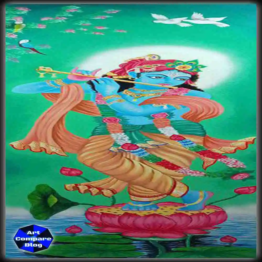 Beautiful Painting of Lord Krishna Playing Flute on Lotus