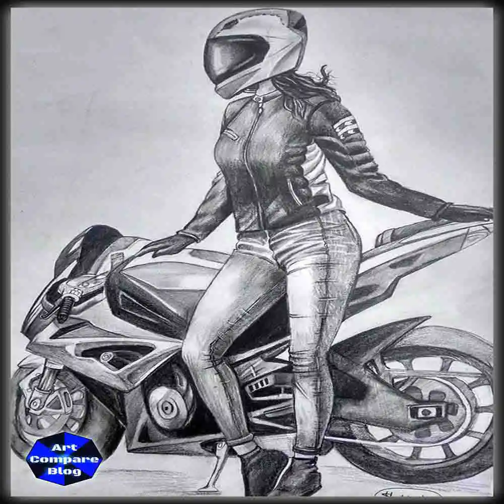 Female Biker Sketch-Girl with Sports Bike Drawing