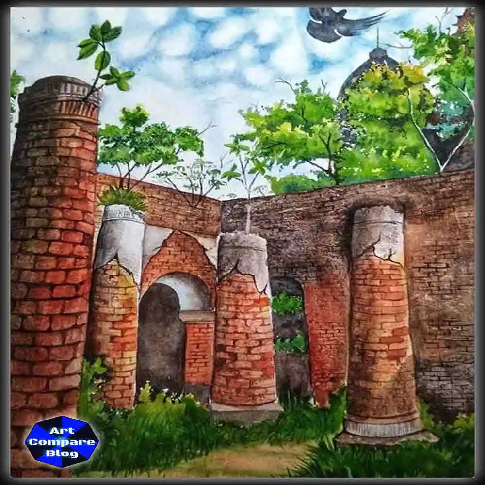 Old Brick Ruins with Pillars-Artistic Landscape Drawing