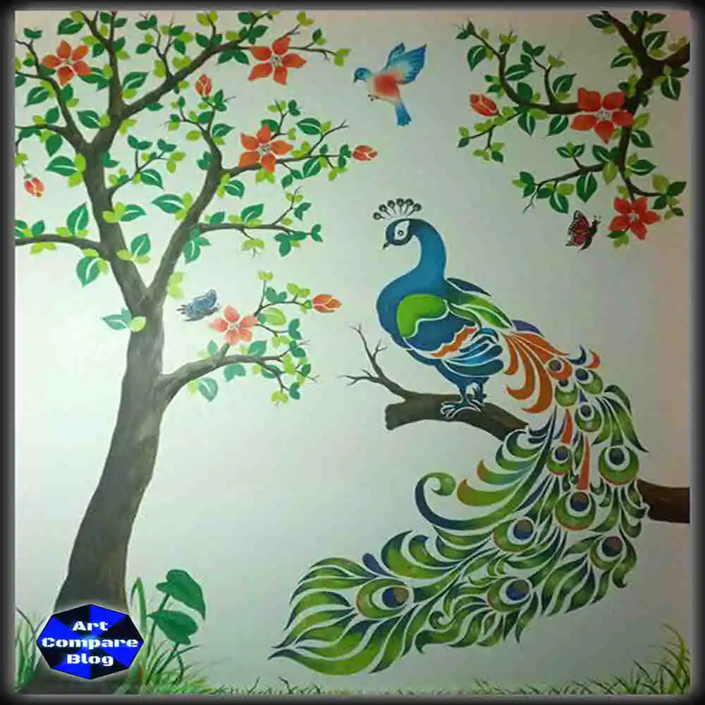 Colorful Peacock Drawing on Tree Branch-Artistic Nature Artwork