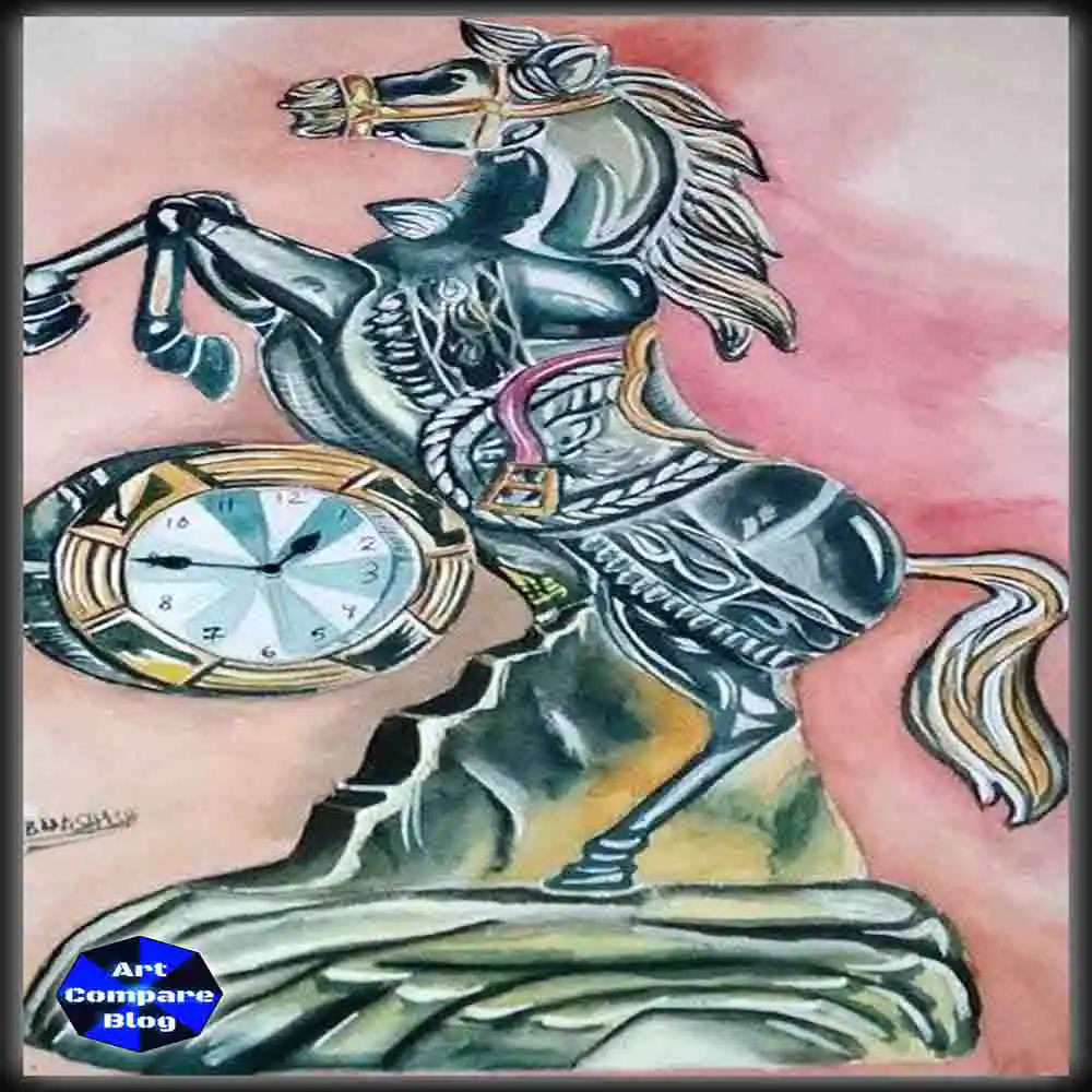 Rearing Horse with Decorative Clock-Artistic Drawing