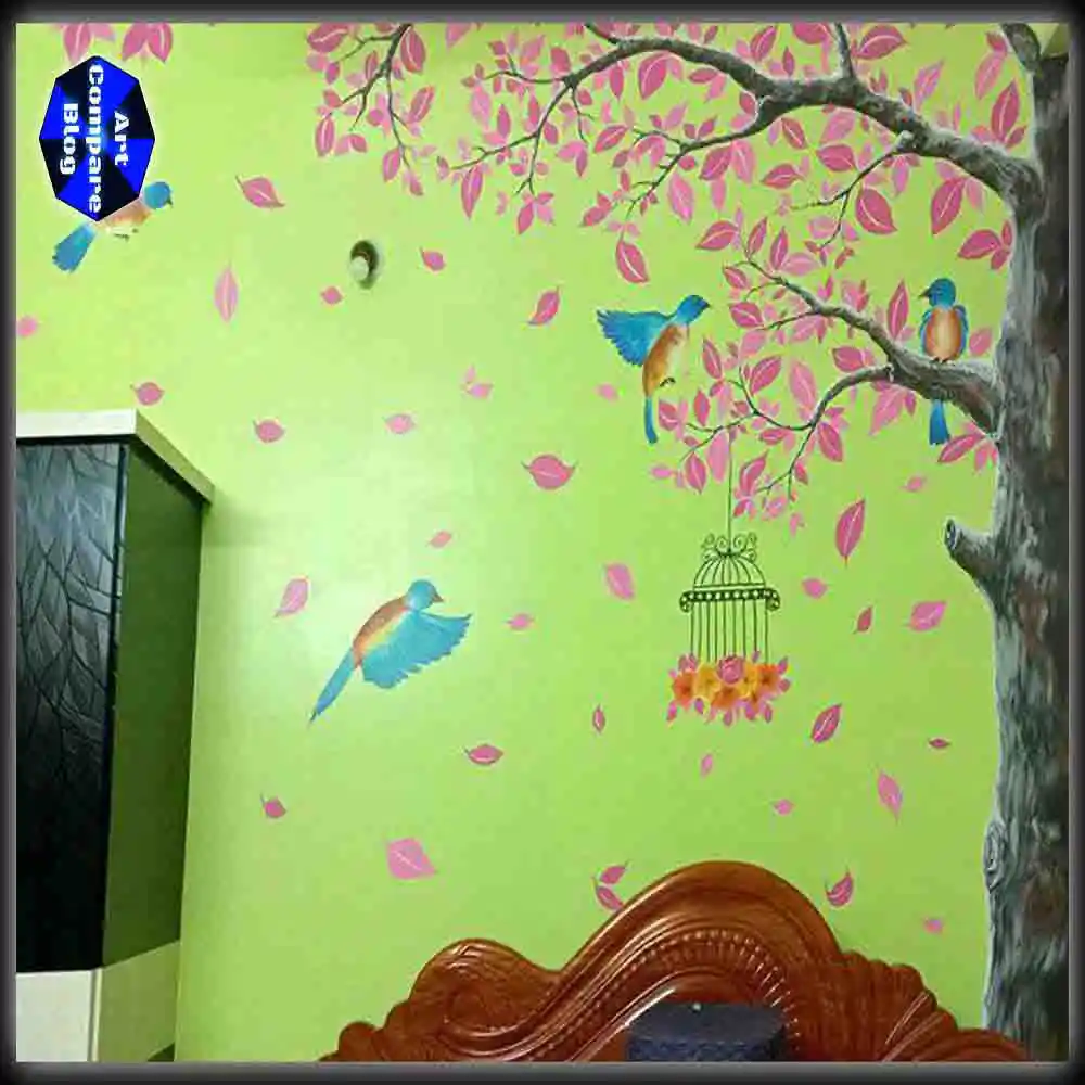Colorful Wall Painting of Birds and Tree with Pink Leaves