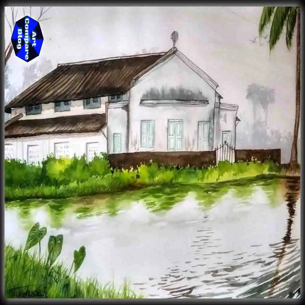 Watercolor House by the River-Scenic Landscape Painting