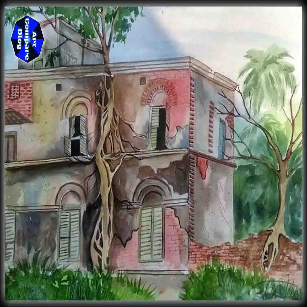 Watercolor Painting of Abandoned House with Tree Roots