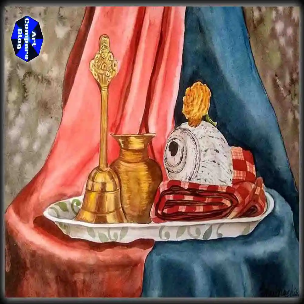 Traditional Indian Still Life Painting with Ritual Objects