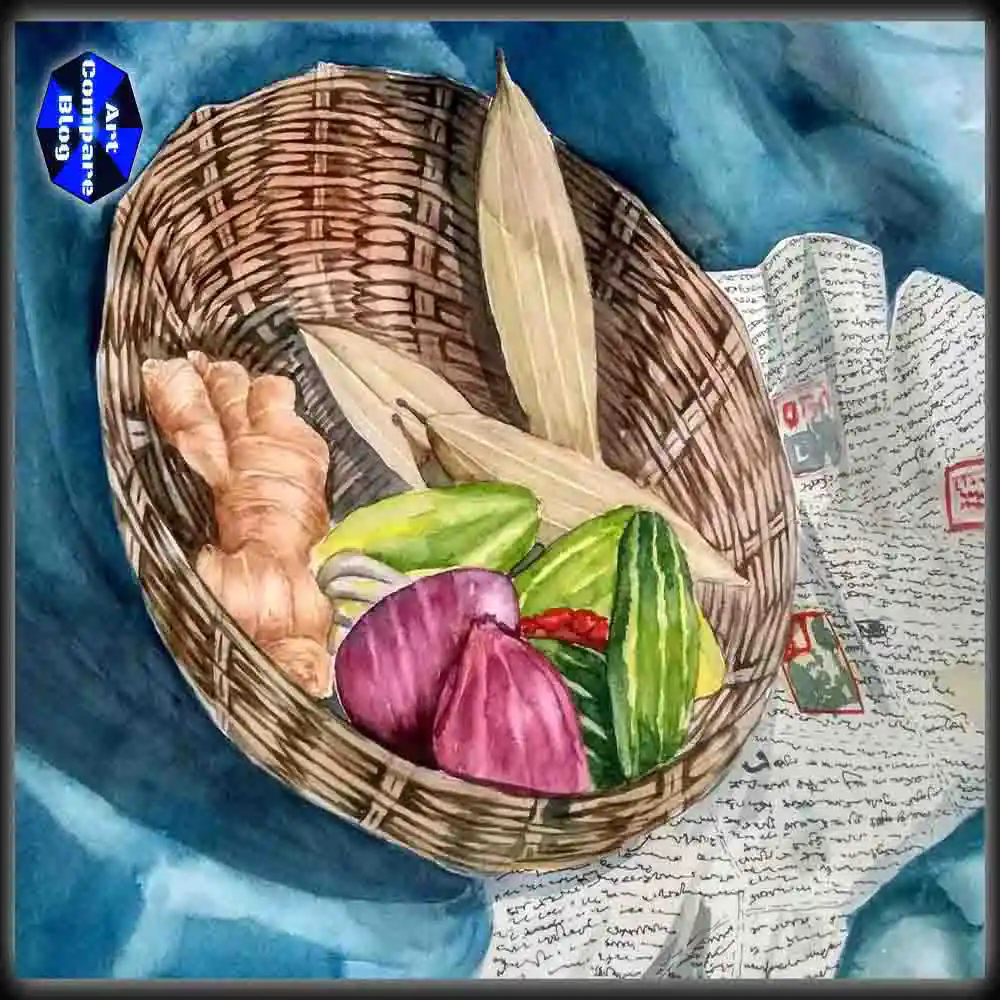 Still Life Painting of Basket with Vegetables and Newspaper