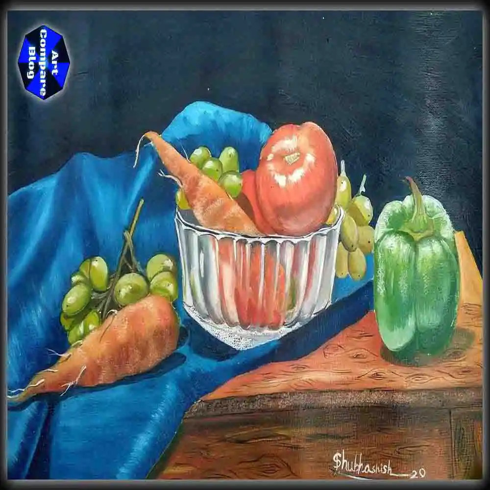Colorful Still Life Painting of Fruits and Vegetables