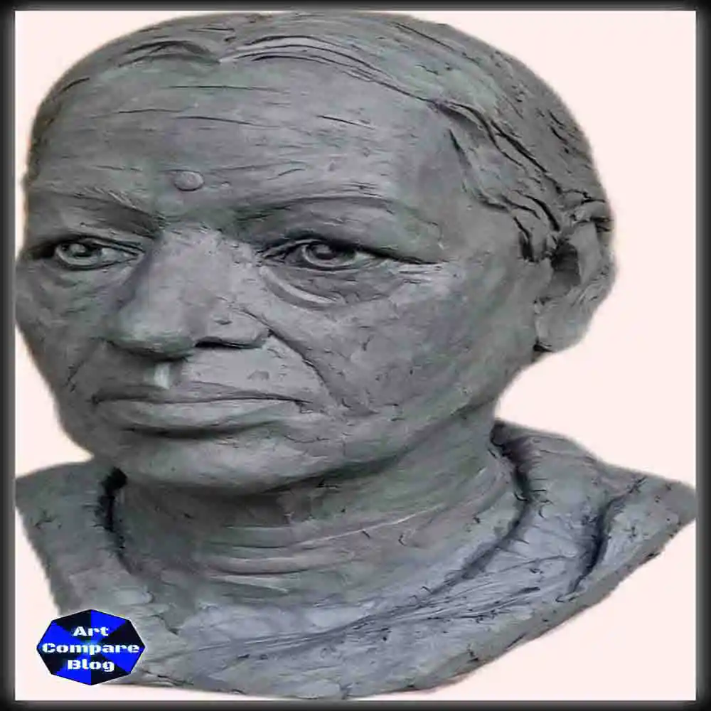 Realistic Clay Bust Sculpture of an Elderly Woman