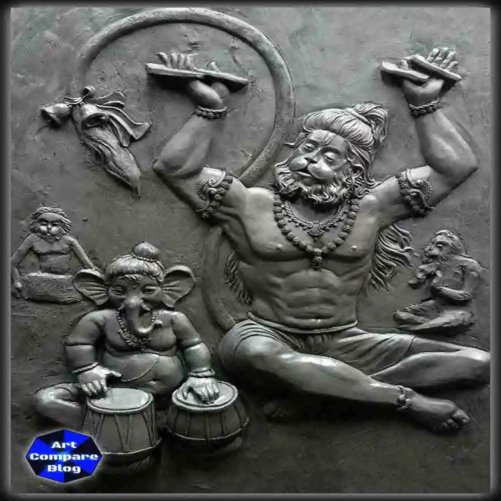 Divine Relief Sculpture of Lord Ganesha and Sage in Musical Harmony