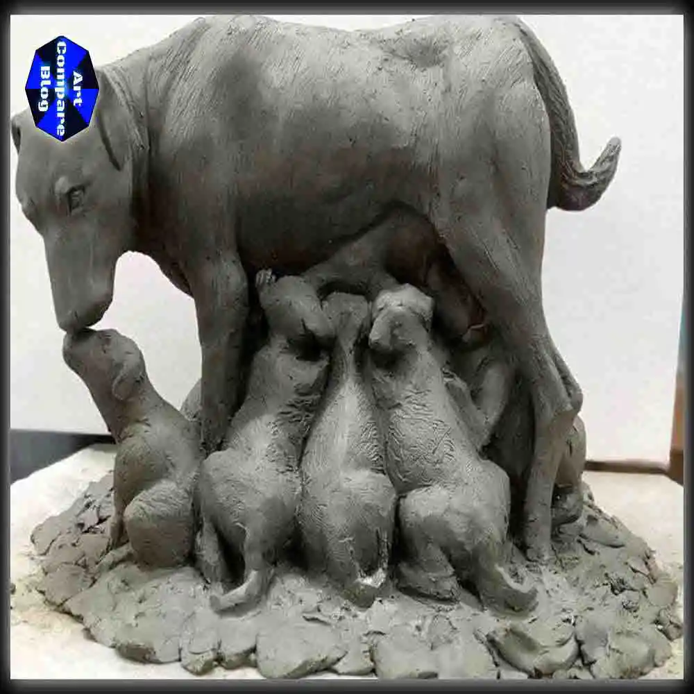 Clay Sculpture of Dog Feeding Puppies-Motherhood Art in Clay