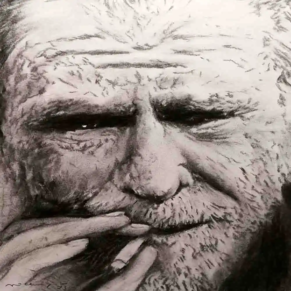 Old Man Smoking Charcoal Portrait