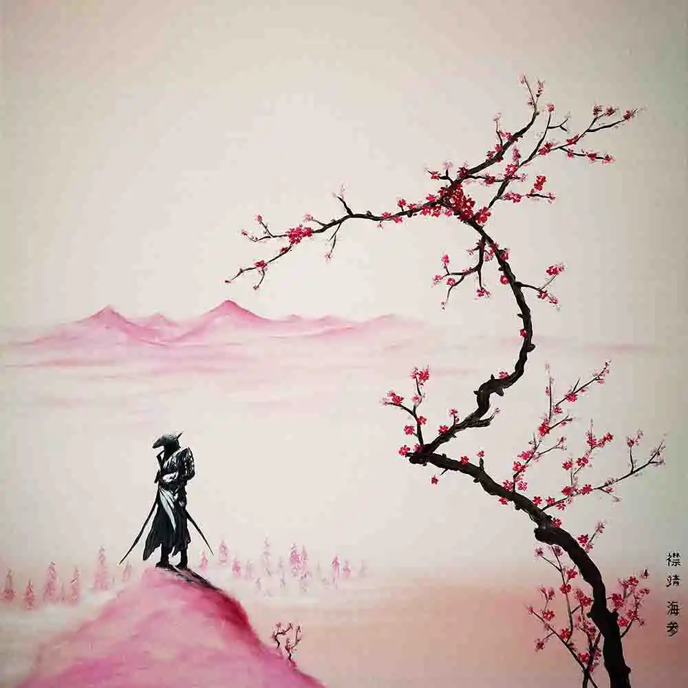 Samurai Under Cherry Blossom Sky