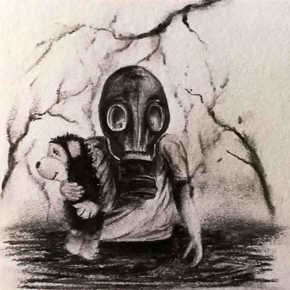 Child in Gas Mask Holding Toy