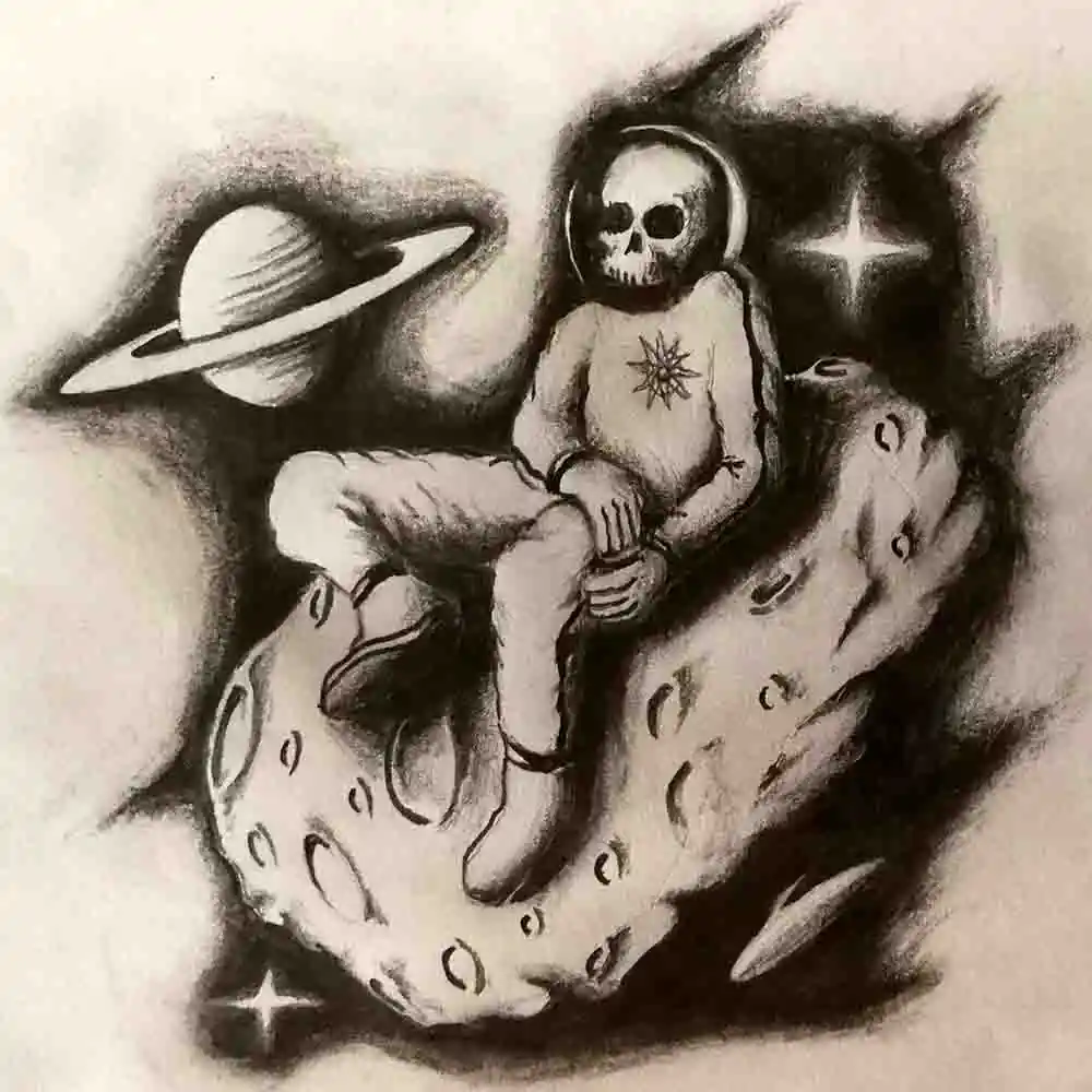 Skull Astronaut Sitting on Asteroid